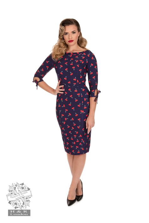 Sweet Cherry Wiggle Dress In Navy Hearts And Roses London