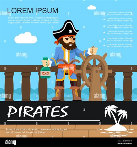 Flat Pirate Adventure Colorful Poster With Pirate Holding Ship Helm And
