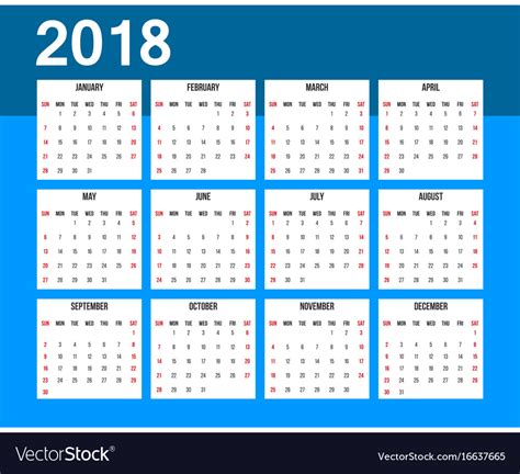 American Calendar 2018 Week Starts On Sunday Vector Image