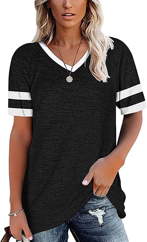 Women Short Sleeve Baseball T Shirt Solid Color Casual V Neck Striped