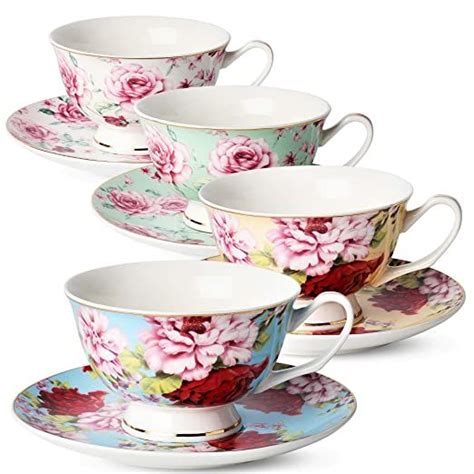 BTäT Floral Tea Cups and Saucers Set of oz with Gold Trim and