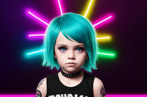 Portrait D Une Jolie Petite Fille Punk Avec Des Cheveux Color S Sur Son Bras Generative Ai