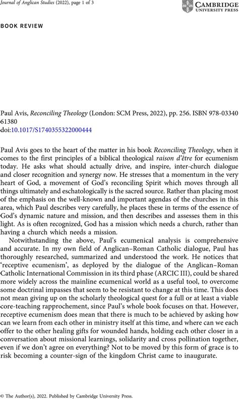 Paul Avis Reconciling Theology London Scm Press 2022 Pp 256
