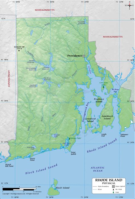 Rhode Island Physical Map Showing Geographical Physical Features With