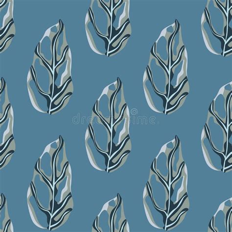 Navy Blue Nature Seamless Tropical Pattern With Grey Colored Hand Drawn