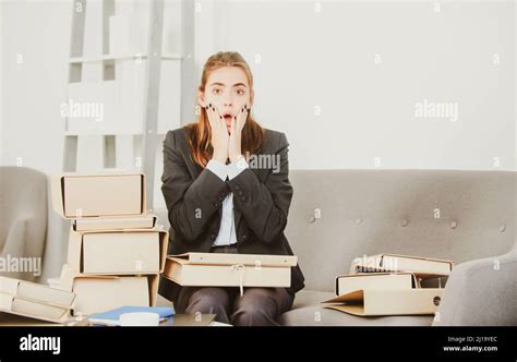 Sad Secretary Girl With Many Folders Of Documents Stressed Overworked