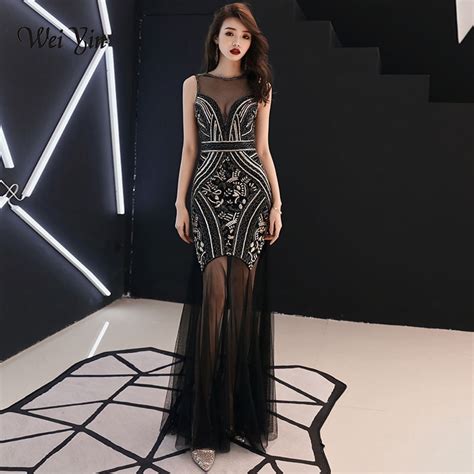 weiyin 2019 sexy black and gold sequins beading evening dresses mermaid sleeveless long formal