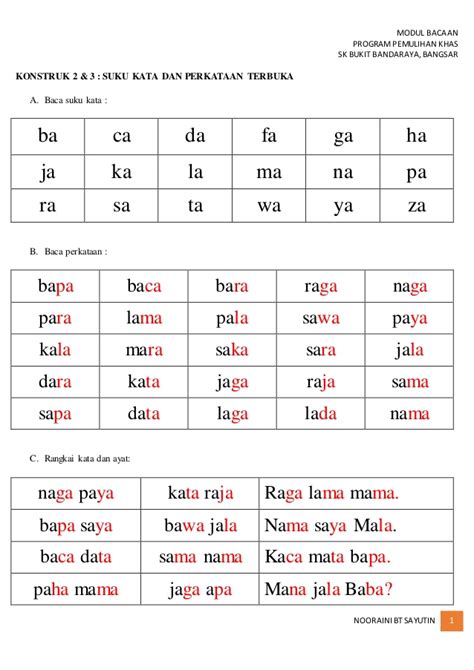 Bahasa melayu suku kata kv tadika tahun satu tahap rendah linus. Modul bacaan suku kata terbuka 2014