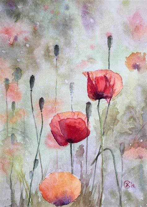 Original Watercolor Painting On Paper Poppies Watercolor Flowers