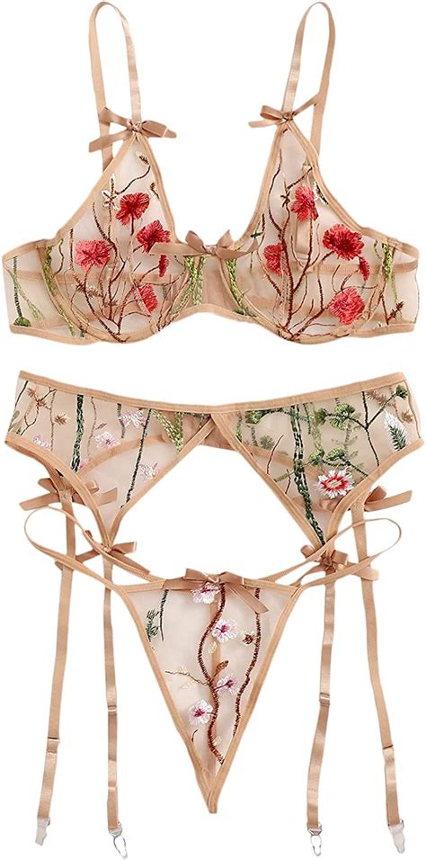 Shein Womens Plus Embroidered Floral Mesh Underwire Push Up 3pcs