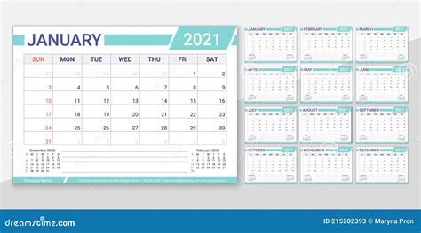 2021 Year Calendar Planner Template Vector Illustration Monthly