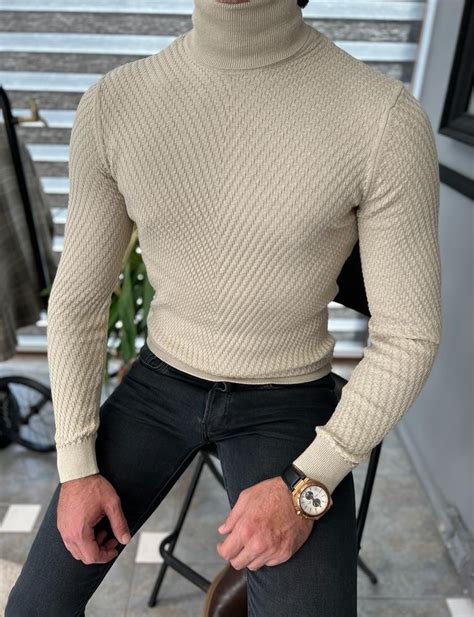 Beige Slim Fit Turtleneck Sweater For Men By