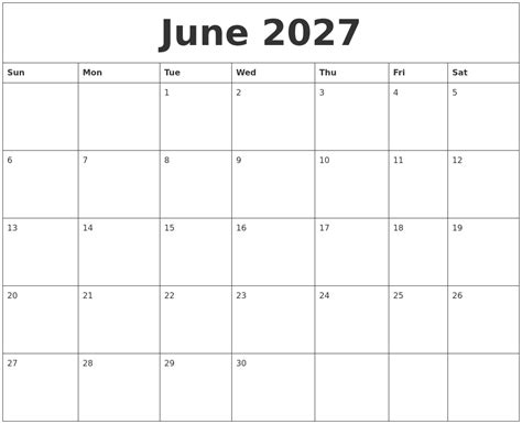 June 2027 Calendar Month