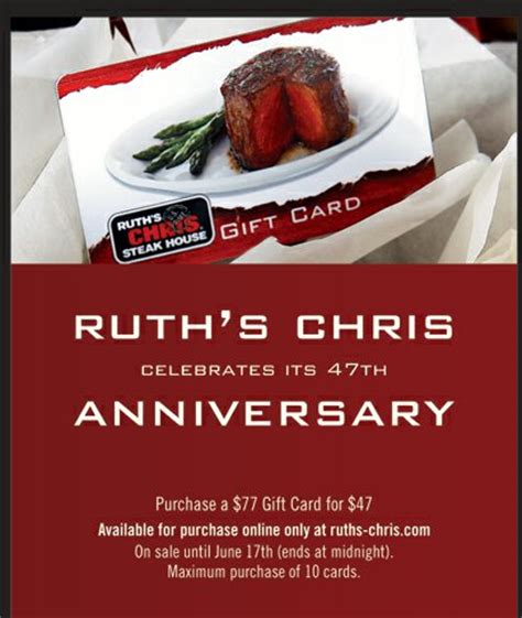 Up to 30% off ruth's chris steak house gift cards at raise.com and earn up to 1% for your cause. $30 off Ruth's Chris Restaurant Gift Card = Great Father's Day Gift! GONE