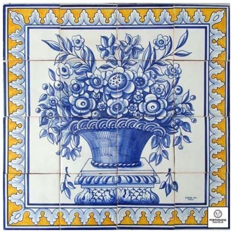 Portuguese Hand Painted Tile Mural Blue Flower Basket For Sale At 1stdibs