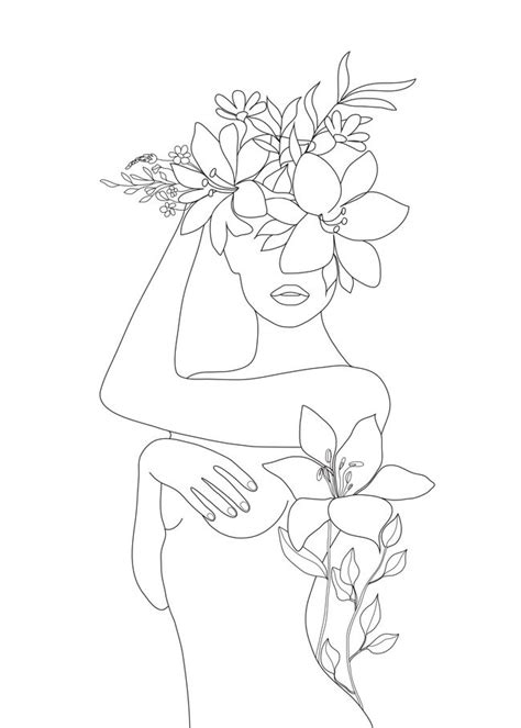 Minimal Line Art Woman With Flowers Vi Mini Art Print By Nadja