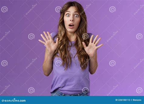 Ambushed Shocked Girl Gasping Not Expect Friend Jump Out Corner Raise Palms Surprised Astonished