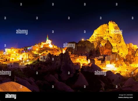 Night Scene Of The Uchisar Castle In Cappadocia Illuminated View Of