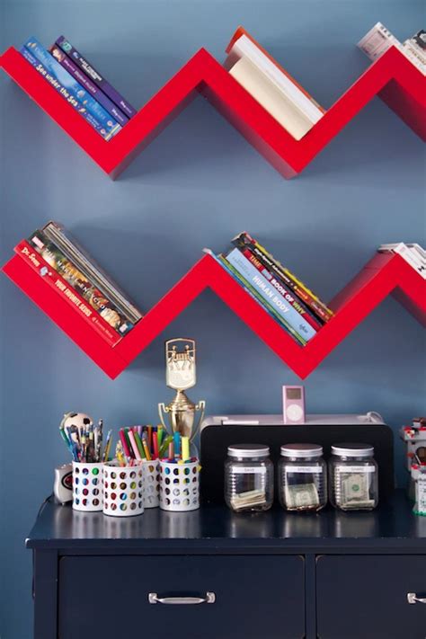 These shelves combine two painted wooden half circles to create an extremely adorable floating display. Zig Zag Shelf - Contemporary - boy's room - A.S.D. Interiors