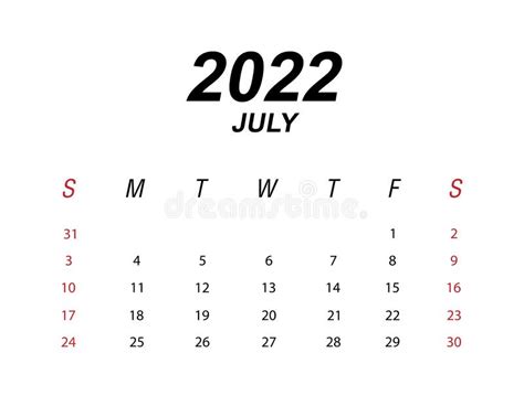 2022 July Month Calendar Germany Version Stock Vector Illustration