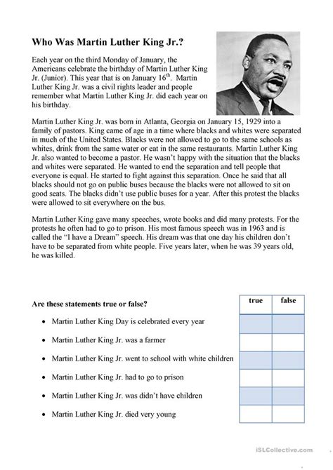 How do you think about the answers? Martin Luther King - English ESL Worksheets for distance ...
