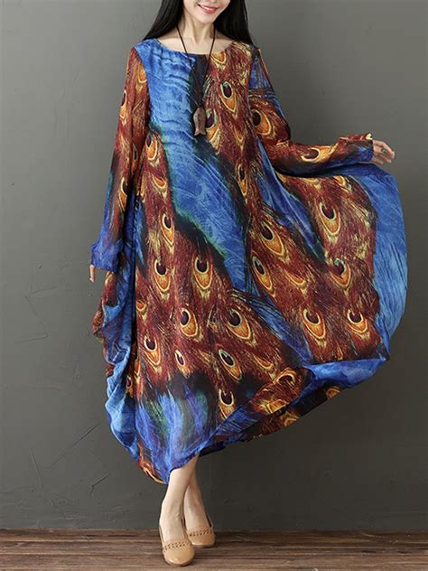 M 5xl Vintage Women Peacock Feather Print Long Sleeve Dress Feather