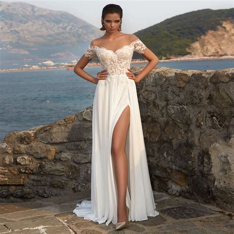 High Side Split Beach Wedding Dresses 2019 Cheap Short Sleeves Top Lace