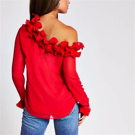 Red Long Sleeve One Shoulder Frill Top Frill Tops Off One Shoulder