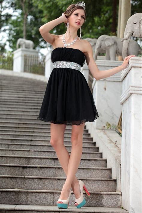 simple strapless empire waist short mini black tulle beaded cocktail prom dress