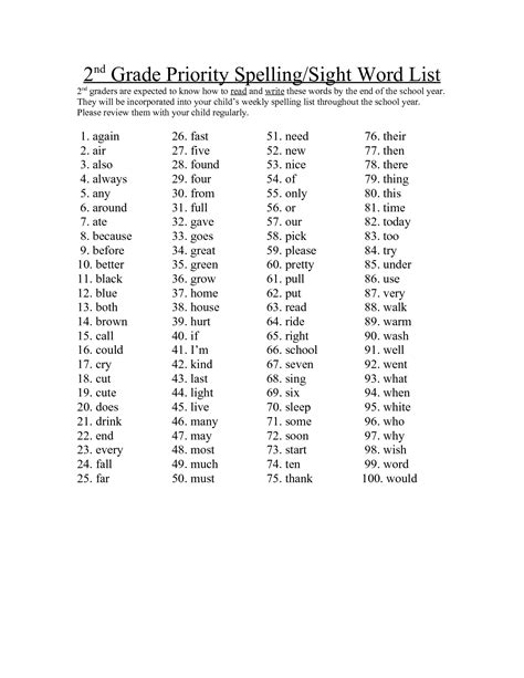 2nd Grade Sight Word List Printable 4th Grade Sight Words 4th Grade