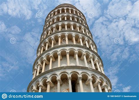 The Leaning Tower Of Pisa Seen From Below With The Clouds Above Stock
