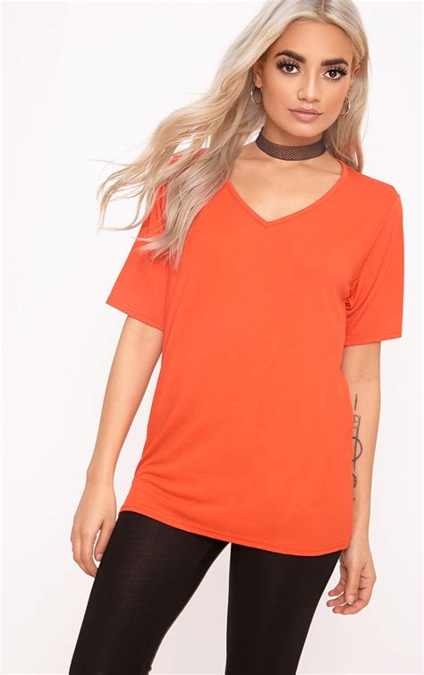 Basic Bright Orange V Neck T Shirt Tops Prettylittlething Usa
