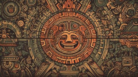 Wallpaper With Ornaments And Faces Of An Aztec Sun Background Picture
