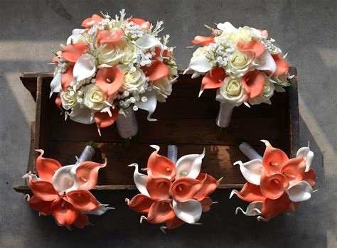 Coral Wedding Bouquets Coral Ivory Real Touch Flowers Calla Etsy