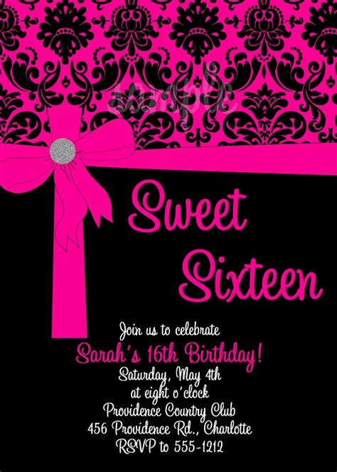 Pink And Black Sweet 16 Birthday Invitations Quinceanera Invitations