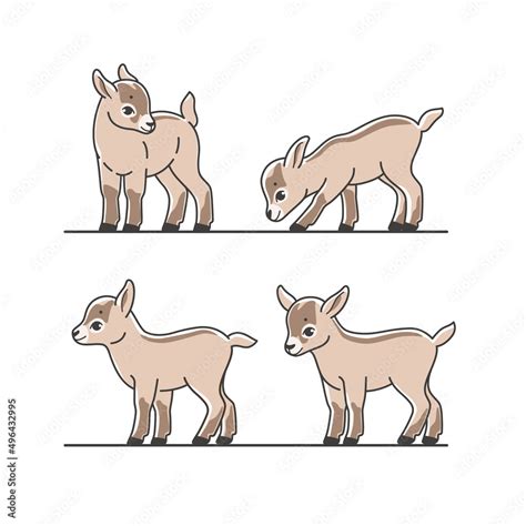Cartoon Baby Goat Cub Illustration Сute Animals Set Of Icons Vector
