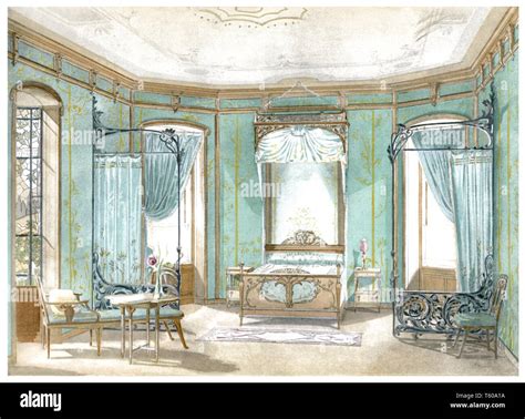 Bedroom Overview In Perspective Vintage Art Nouveau Illustration By