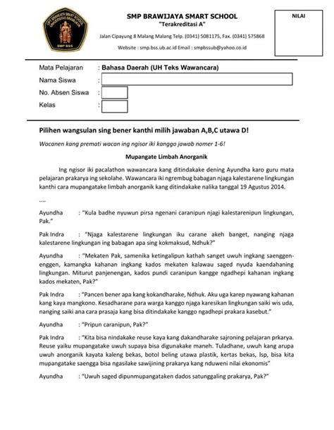 Ulangan Harian Teks Wawancara Basa Jawa Kelas 8 Worksheet Workbook