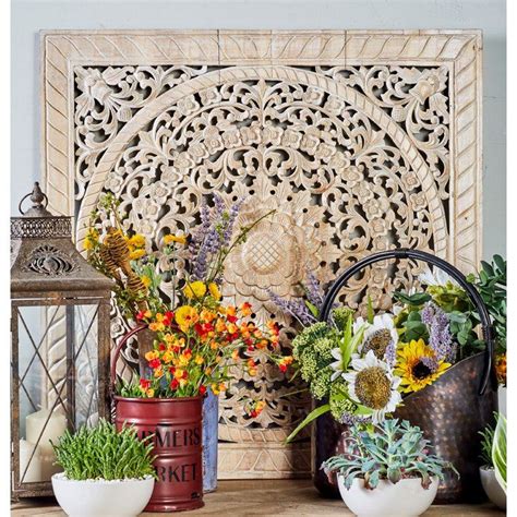 48 Traditional Carved Flower And Flourishes Square Teak Wood Wall