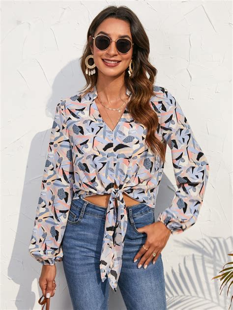 allover print lantern sleeve knot front blouse in 2022 knot front blouse blouses for women