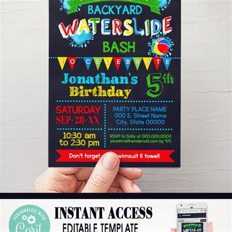 Pink Waterslide Summer Backyard Bash Invitation Summer Water Etsy