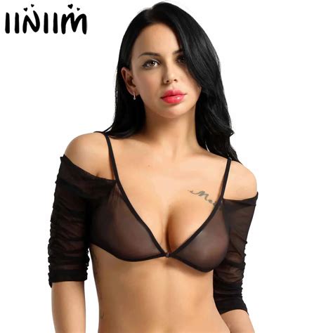 us stock womens lingerie sheer mesh see through sexy tops shoulder half sleeve v slip on t