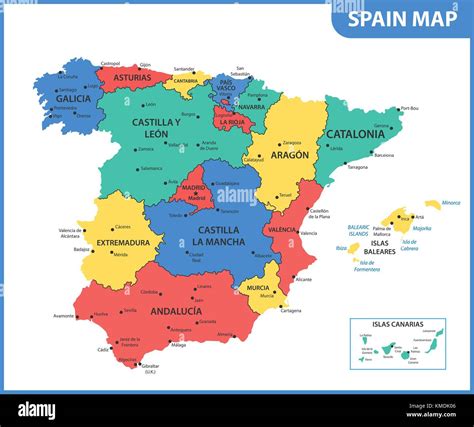 The Detailed Map Of The Spain With Regions Or States And Cities Stock
