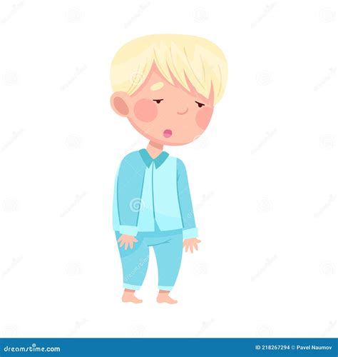 Cute Blond Boy In Blue Pajamas Yawning Feeling Sleepy Vector
