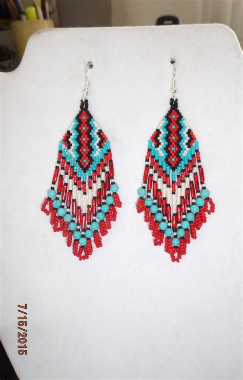 Native American Style Beaded Rug Earrings Black White Red And
