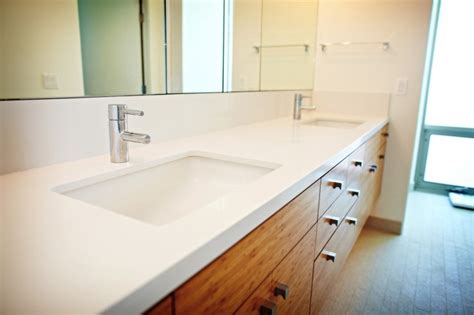 Expertly hand crafted with premium oak woods, solid wood construction. Caesarstone Quartz Original White Double Vanity Top w/ Knife Miters - Contemporary - Bathroom ...