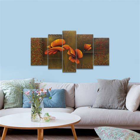 Wieco Art Composition Of Three Poppies 5 Piece Floral Oil Paintings On