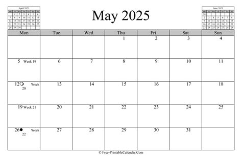 May 2025 Calendar Horizontal Layout