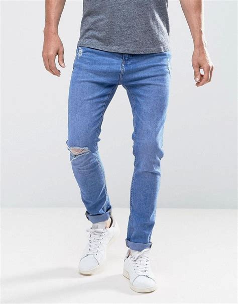 Bershka Skinny Jeans With Rips In Mid Wash Blue Ripped Jeans Men