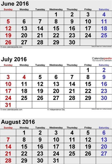 June July August Calendar Template Free Calendar Template